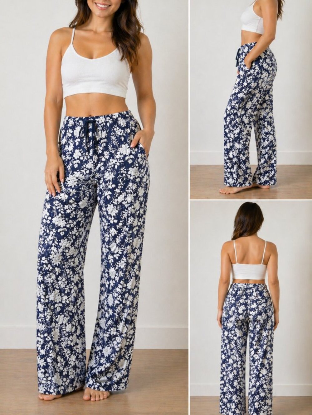Lands’ End Floral Lounge Pants Women Small Blue White Drawstring Relaxed Fit